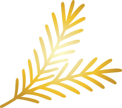 Minimal golden evergreen branch with elegant needle-shaped foliage and a luminous metallic gradient effect.