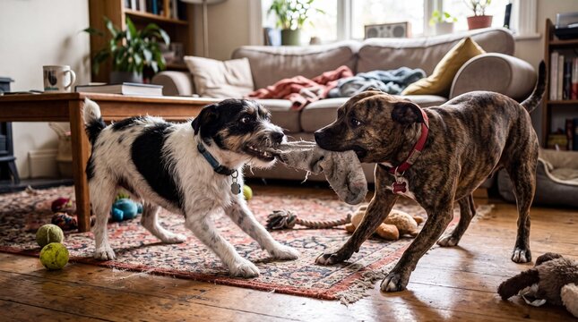 Two Dogs Playing Tug of War in Living Room