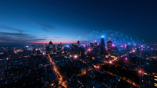 Smart City Skyline with Digital Network and Data Connection