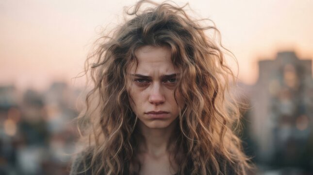 Sad young woman with messy curly hair looking at camera with tears in eyes. Unhappy girl crying in city at sunset. Emotional pain, depression and mental health concept for psychology and counseling