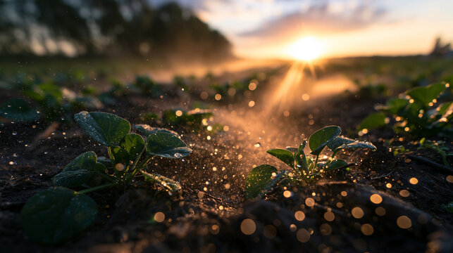Irrigating Young Crop Sprouts in Field at Sunset