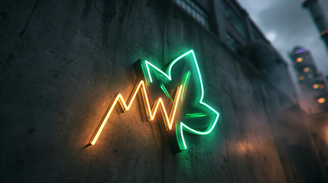 Glowing Neon Leaf and Growth Chart on Concrete Wall