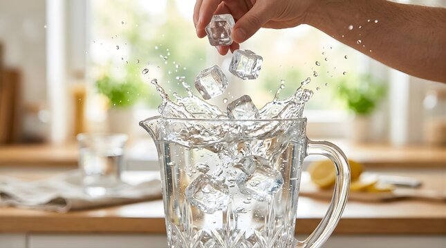 Hand dropping ice cubes into a glass pitcher of water creating splashes