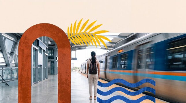 Woman Traveler Waiting at Train Station with Graphic Collage Elements