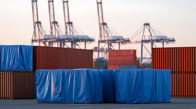 Industrial cargo port terminal with stacks of red metal freight shipping containers and large harbor cranes during sunset sky industrial scene