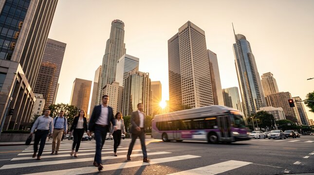 Business People Commuting Across City Street at Sunset