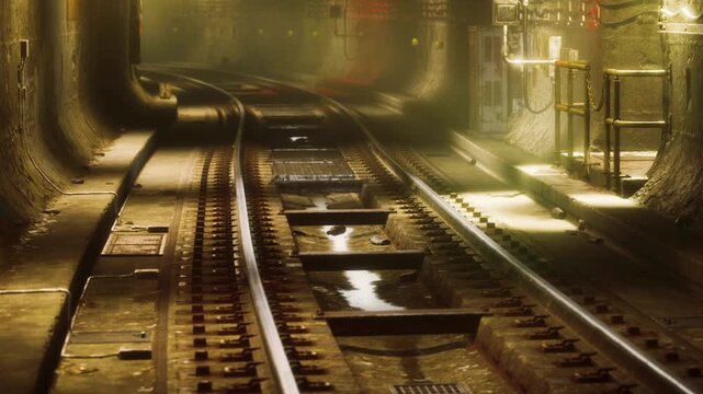 Tracks run through an underground tunnel. Lights add brightness to the space. The scene shows the texture of the walls and setting. Water is present along the ground in some areas.