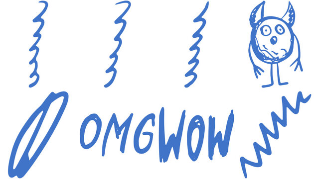 Cute hand drawn blue monster doodle with the text omg wow written in a playful script style for creative children projects and art designs