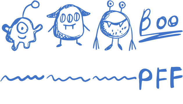 Cute blue hand drawn doodle monsters with funny text and wavy lines for kids design projects or school theme decorations on a simple page
