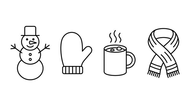 Minimalist winter icon set, black line art snowman and mitten, hot cocoa mug and scarf symbols, seasonal holiday graphics