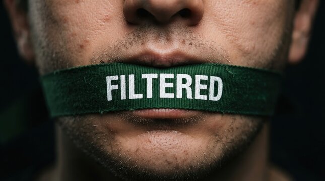 Close-up stock photo of a censored mouth with filtered text overlay, perfect for social media banners, content moderation graphics, or privacy awareness designs.