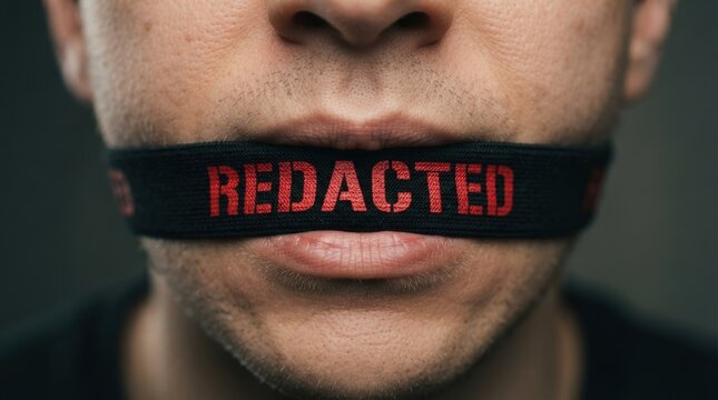 Close-up censored mouth with bold redacted tape effect ideal for privacy, confidentiality, or corporate marketing materials in dark moody style.