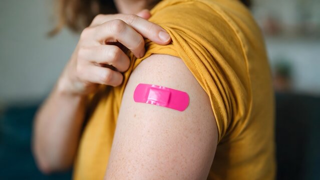 Woman showing a pink adhesive bandage on her upper arm after a medical procedure, representing healthcare, recovery, protection, and personal wellness