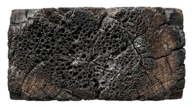 A rectangular piece of charred wood with rough texture isolated on a clean white background