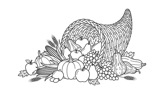 Vintage cornucopia line art, thanksgiving horn of plenty with autumn harvest vegetables, hand drawn pumpkin and fruit coloring page