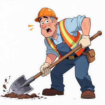 Surprised middle-aged road worker digging with giant shovel in clean clothes on empty white background in bright funny colors.