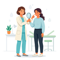 Obraz premium Dermatologist examines patient's face with mirror, illustrating skincare, acne treatment, and healthy skin consultation.