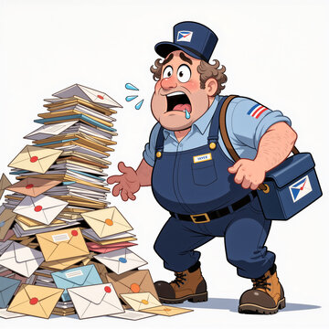 A horrified mail carrier overwhelmed by a massive pile of letters exhibits shock and exhaustion on a clean white background.