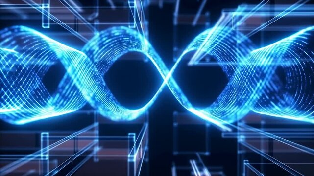 Luminous blue abstract wave ribbons flow and intersect across dark digital space with glowing curved lines, creating symmetrical motion patterns and layered futuristic visual composition