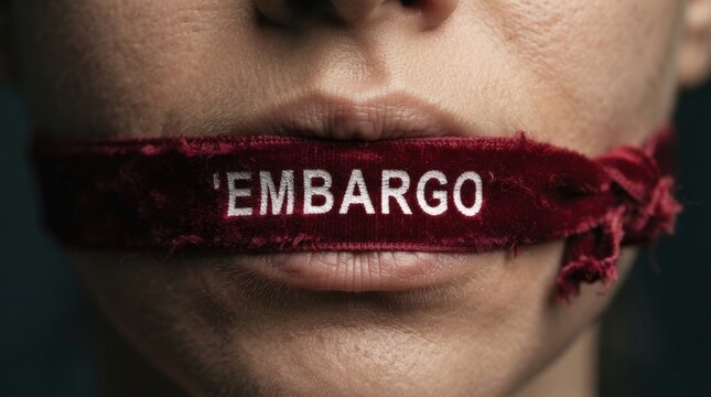 Dark moody close-up stock photo of a silenced mouth with red fabric and white embargo text, ideal for censorship themes, protest graphics, marketing banners.