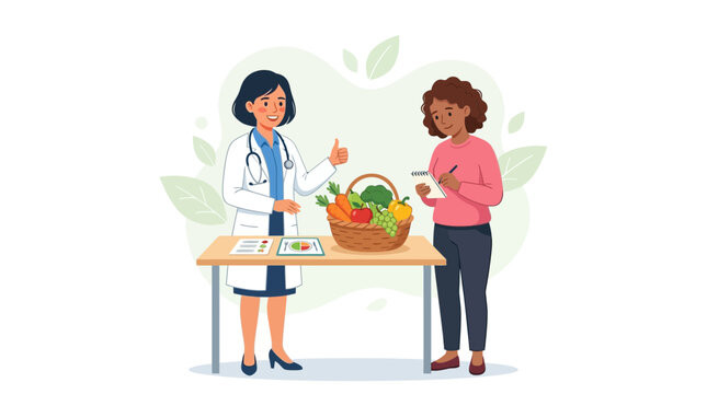 Dietitian Consults Patient About Healthy Nutrition with Fresh Produce Basket