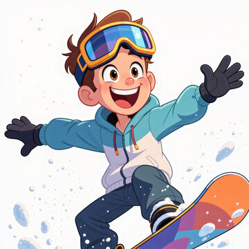 Snowboarder man with giant goggles beams joyfully with bright eyes and relaxed shoulders on empty white background.
