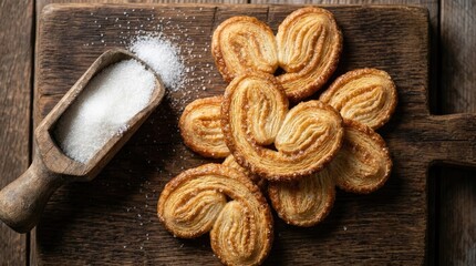 Fototapeta premium Sweet heart shaped palmiers puff pastry cookies on rustic wooden cutting board.