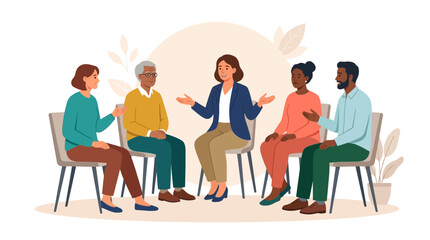 Obraz premium Diverse Group in Therapy Session or Support Meeting, Discussing Ideas in a Circle