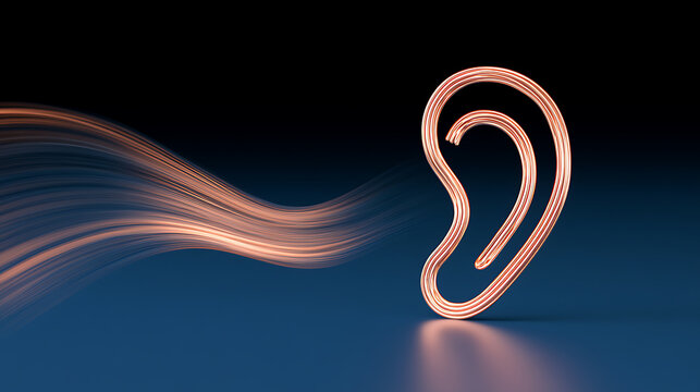 Abstract 3D render of a human ear icon formed from glowing copper wire with sound wave lines flowing across a dark blue surface background