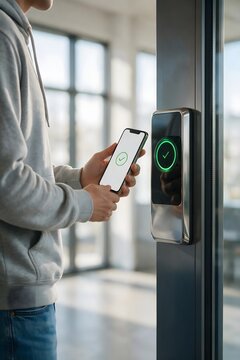 Smartphone contactless payment at a modern access terminal, showing successful digital authentication for secure entry into a contemporary building