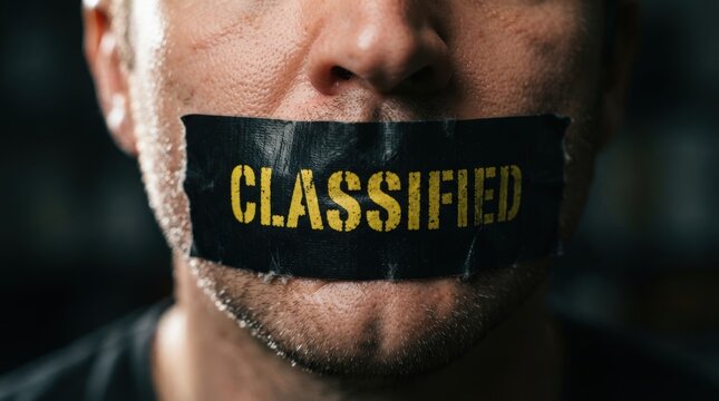 Close-up stock photo of a man with mouth taped showing classified text for secretive marketing banners, web design, or corporate confidentiality concepts.