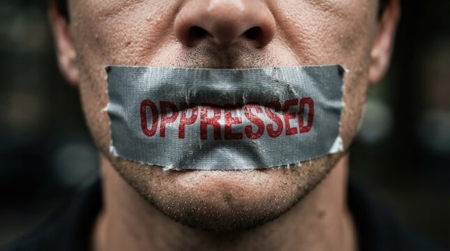 Close-up stock photo of a person with tape over mouth labeled oppressed, dramatic lighting, bold typography, ideal for social issues campaigns, protest graphics, awareness banners.