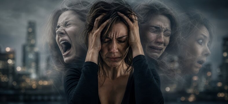 Woman suffering from mental illness holding head with multiple emotional faces screaming and crying. Concept of depression, anxiety, stress and psychological