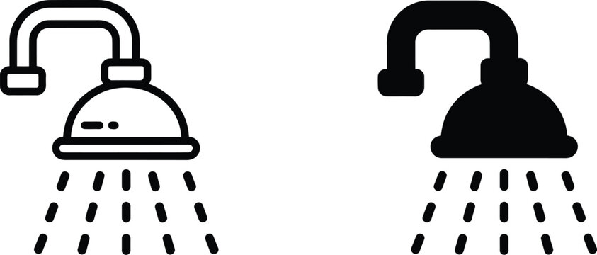 Shower icon set, black white bathroom symbols, water flow, shower head, plumbing, hygiene, bathing, household, restroom, interior, fixtures, vector design.