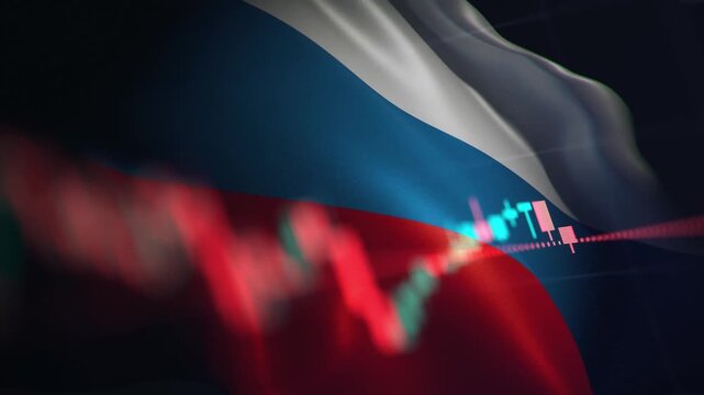A dynamic timelapse video featuring fast moving stock market candlestick bars blended with a waving Russian flag, representing Russian economy, Moex financial markets, and Eurasia trading dynamics.