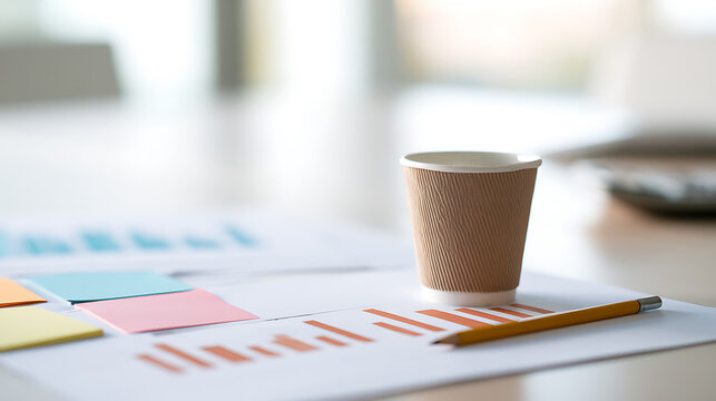 Business office desk with financial report document charts graphs paper cup of coffee pencil sticky notes corporate workplace project strategy