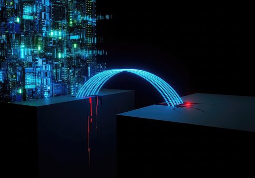 Fiber optic cables glowing with blue light bridge a dark gap between a modern high-speed data network and a simplified disconnected region, information, cable, wireless