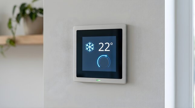 Smart thermostat display showing cooling mode set to twenty two degrees