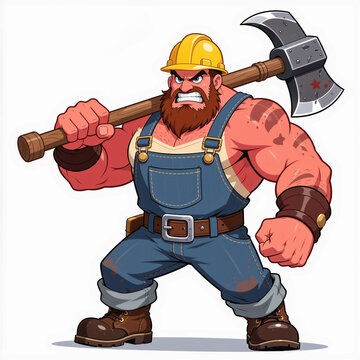 Angry mature miner with huge arms and a giant pickaxe on a white background, glaring with fury and a messy brown beard.