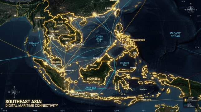 Striking vector map showcasing Southeast Asia&rsquo;s digital maritime routes and connectivity perfect for business presentations, travel marketing, and global trade backdrops.