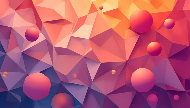 Abstract geometric low poly background with pink and orange faceted polygons and spheres pink polygon faceted surface floating spheres 3D render digital