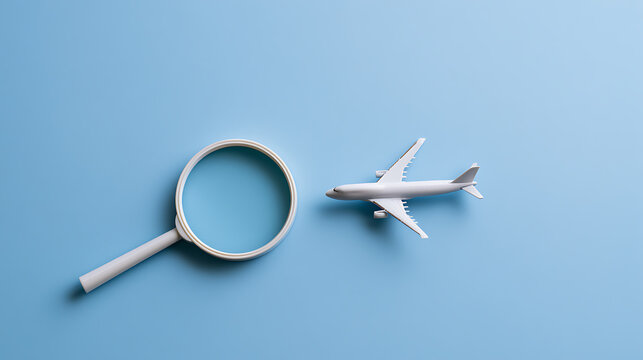 White toy airplane model and magnifying glass isolated on pastel blue background, flat lay composition for travel and search concept design