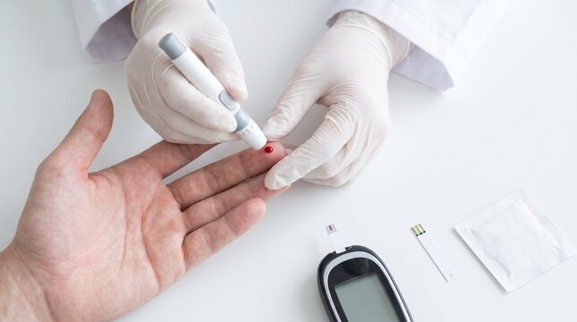 Medical professional using a lancet to prick a patient finger for a blood glucose test.