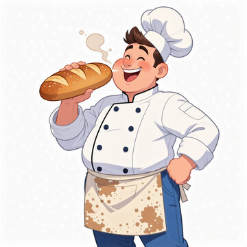 Happy junior baker with gigantic cheeks smelling fresh bread on empty white background.