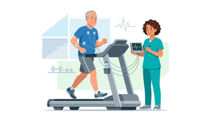 Fototapeta premium Elderly man undergoes stress test on treadmill supervised by nurse, ECG monitoring heart rate and health.