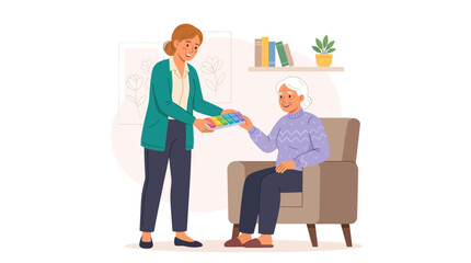 Obraz premium Elderly woman consults with designer choosing colors for home interior
