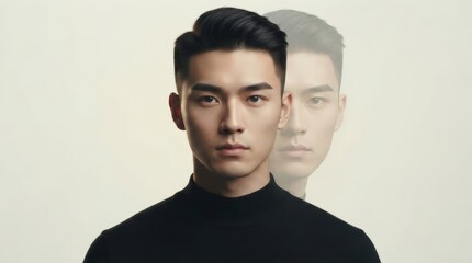 Obraz premium Young asian man portrait with faded double exposure reflection behind him. Handsome guy in black turtleneck on light background