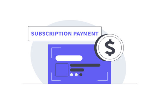 Monthly Fees Subscription Payment and Recurring Credit Card Billing. Credit Card Screen Displaying Subscription Payment Badge and Dollar Money Coin. Flat Cartoon Vector Illustration, icon Stylish web