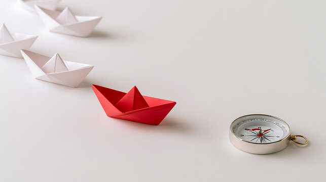 A unique red paper boat lead white paper craft vessels toward metal compass on clean white table surface corporate business vision concept