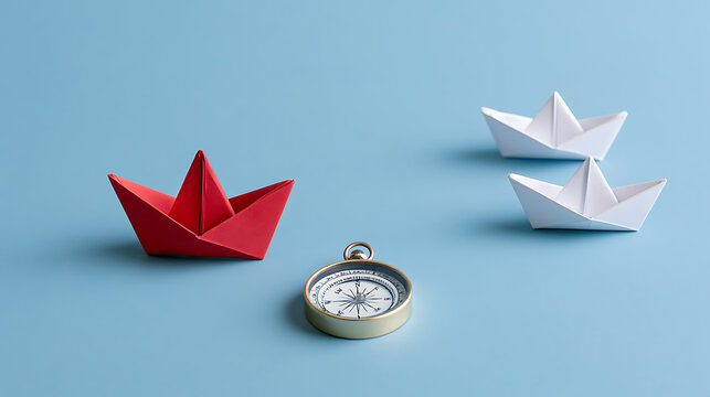 Red paper boat leading white paper boats with a compass on blue background, concept of leadership, success, business strategy and direction